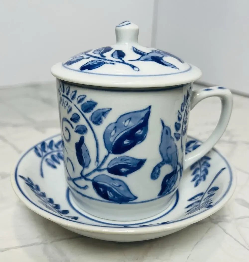 Vintage, IDG Italy, Blue & White Cup, Saucer And Lid Botanical And Birds